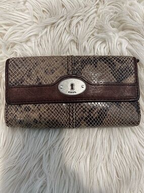 Fossil Brown Snake-Print Leather Trifold Wallet